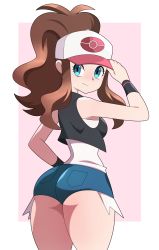 Rule 34 | 1girl, absurdres, abysswatchers, adjusting clothes, adjusting headwear, ass, baseball cap, blue eyes, border, brown hair, closed mouth, cowboy shot, creatures (company), from behind, game freak, hat, highres, hilda (pokemon), long hair, looking back, nintendo, pink background, pokemon, pokemon bw, ponytail, shirt, shorts, sidelocks, simple background, sleeveless, smile, solo, standing, vest, white border, white shirt, wristband