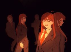 Rule 34 | 1girl, black background, black eyes, black jacket, brown hair, closed eyes, collared shirt, facing viewer, hod (project moon), jacket, lobotomy corporation, long hair, looking at viewer, lowres, multiple views, necktie, orange necktie, project moon, shirt, simple background, sitting, tomato (cc10nam), upper body, very long hair, white shirt, wing collar