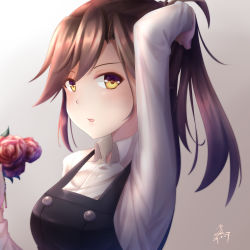 Rule 34 | 1girl, alternate hairstyle, arashio (kancolle), arashio kai ni (kancolle), arm behind head, black dress, breasts, brown hair, buttons, collared shirt, dress, flower, gradient background, grey background, hair between eyes, hand in own hair, highres, kantai collection, lips, long hair, long sleeves, looking at viewer, medium breasts, open mouth, pinafore dress, pink flower, pink rose, ponytail, rose, school uniform, seiya (iiseven), shirt, signature, sleeveless, sleeveless dress, solo, upper body, white shirt, yellow eyes