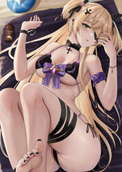 Rule 34 | 1girl, alternate costume, bare shoulders, bikini, black bikini, black nails, blonde hair, blush, breasts, cleavage, collarbone, commentary request, eyepatch, feet, fischl (genshin impact), genshin impact, green eyes, highres, large breasts, long hair, looking at viewer, lotion, lying, nail polish, on back, one eye covered, parted lips, solo, sunscreen, swimsuit, thigh strap, toes, towel, two side up, yamikyon