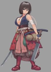 Rule 34 | 1girl, absurdres, black eyes, black hair, boots, breasts, chanta (ayatakaoisii), cleavage, full body, grey background, hairband, highres, holding, holding sword, holding weapon, jewelry, large breasts, looking at viewer, necklace, original, red footwear, rope, short hair, simple background, solo, standing, sword, weapon, white hairband