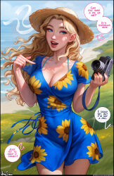 Rule 34 | 1girl, absurdres, aroma sensei, artist name, beach, bikini, bikini under clothes, black border, blonde hair, blue dress, blue eyes, border, breasts, camera, cleavage, collarbone, covered navel, cowboy shot, curvy, dress, english text, floating hair, floral print, freckles, grass, haley (stardew valley), hat, highres, holding, holding camera, large breasts, long hair, looking to the side, mole, mole on breast, nose, open mouth, outdoors, parted hair, patreon username, short dress, sky, smile, solo, speech bubble, stardew valley, straw hat, swimsuit, v-neck, wide hips, wind, wind lift