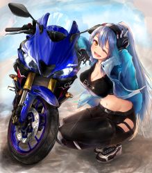 Rule 34 | 1girl, azur lane, bad id, bad pixiv id, belt, black belt, black footwear, black gloves, black hairband, black pants, black shirt, blue hair, blue jacket, breasts, cleavage, clothing cutout, commentary, crop top, cross-laced footwear, essex (a trip down route 66) (azur lane), essex (azur lane), gloves, hairband, highres, jacket, large breasts, long hair, long sleeves, looking at viewer, lowleg, lowleg pants, motor vehicle, motorcycle, navel, one eye closed, open clothes, open jacket, open mouth, pants, ponytail, print shirt, shirt, shoes, side cutout, smile, sneakers, solo, standing, takei (jamfusion), very long hair, w, yellow eyes, yzf-r25