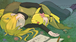 Rule 34 | 1girl, black shirt, blonde hair, boots, chinese commentary, closed eyes, closed mouth, commentary request, creatures (company), eyelashes, game freak, gen 1 pokemon, hat, unworn hat, unworn headwear, highres, joeychen, long hair, long sleeves, lying, nintendo, on side, pants, pencil, pikachu, pokemon, pokemon (creature), pokemon adventures, shirt, sketchbook, sleeping, smile, split mouth, yellow (pokemon)