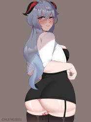 Rule 34 | 1girl, ahoge, alternate costume, ass, ass focus, back, blue hair, blush, breasts, ganyu (genshin impact), garter straps, genshin impact, glasses, goat horns, highres, horns, huge ass, large breasts, long hair, looking at viewer, low ponytail, milkymoo, office lady, purple eyes, secretary, sex toy, shirt, sidelocks, skirt, solo, thick thighs, thighhighs, thighs, vibrator