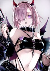 Rule 34 | 1girl, bandeau, bare shoulders, belt, black jacket, breasts, chain necklace, collar, cropped jacket, demon horns, demon wings, fate/grand order, fate (series), fur-trimmed jacket, fur trim, hair over one eye, halloween costume, highres, horns, jacket, jewelry, kino kokko, large breasts, long sleeves, looking at viewer, mash kyrielight, navel, necklace, off shoulder, open clothes, open jacket, open mouth, polearm, purple eyes, short hair, solo, trident, weapon, wings
