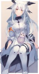 Rule 34 | 1girl, arknights, armband, bird, commentary request, dress, feather hair, highres, long hair, long sleeves, orange eyes, owl, owl ears, pointy hair, ptilopsis (arknights), ptilopsis (elite ii) (arknights), rhine lab logo, sasa onigiri, solo, thighhighs, white dress, white hair, white thighhighs
