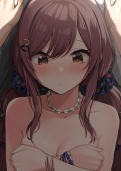 Rule 34 | 1girl, alternate hairstyle, arakumachikano, blush, bracelet, braid, breast hold, breasts, closed mouth, collarbone, completely nude, covering breasts, covering privates, day, embarrassed, hair ornament, hair scrunchie, hairclip, hand on wall, highres, idolmaster, idolmaster shiny colors, jewelry, kabedon, long hair, looking down, medium breasts, necklace, nude, osaki amana, outdoors, red hair, scrunchie, shell, shell necklace, solo focus, standing, swept bangs, twin braids, yellow eyes