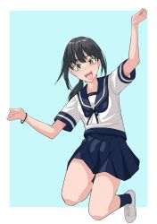 Rule 34 | 1girl, :d, black hair, blue background, blue legwear, blue skirt, bracelet, fubuki (kancolle), full body, green eyes, highres, itou ebiko, jewelry, kantai collection, legs up, looking at viewer, low ponytail, open mouth, pleated skirt, ponytail, school uniform, serafuku, shoes, sidelocks, simple background, skirt, smile, sneakers, solo, white footwear