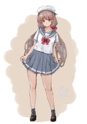 Rule 34 | 1girl, aged up, bow, commentary request, full body, green eyes, grey hair, grey sailor collar, grey skirt, grey socks, hat, kantai collection, ld (luna dial398), long hair, looking at viewer, low twintails, mary janes, mikura (kancolle), red bow, sailor collar, sailor hat, school uniform, serafuku, shoes, skirt, skirt hold, socks, solo, standing, twintails, white hat