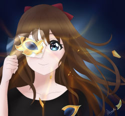 Rule 34 | 1girl, aqua eyes, artist name, artist request, black shirt, blue eyes, blush, bow, breasts, broken mask, brown hair, collarbone, female focus, floating hair, hair between eyes, hair bow, hair over shoulder, long hair, looking at viewer, love live!, love live! nijigasaki high school idol club, mask, mask over one eye, osaka shizuku, parted lips, ponytail, red bow, shirt, smile, solo, upper body