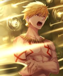 Rule 34 | 1boy, blonde hair, cropped arms, earrings, fate/stay night, fate (series), gate of babylon (fate), gilgamesh (fate), hair between eyes, herigaru (fvgyvr000), highres, jewelry, lock, lock earrings, male focus, necklace, open mouth, red eyes, short hair, solo, sword, upper body, weapon