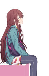 Rule 34 | 1girl, bag, between legs, black pants, blue jacket, blush, brown eyes, brown hair, closed mouth, commentary request, feet out of frame, from side, hand between legs, highres, idolmaster, idolmaster shiny colors, jacket, long hair, long sleeves, looking away, looking up, osaki tenka, pants, profile, shoulder bag, simple background, sitting, smile, solo, straight hair, very long hair, white background, yahiro (epicopeiidae)