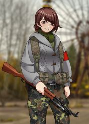 Rule 34 | 1girl, ammunition pouch, armband, blurry, blurry background, brown eyes, brown hair, camouflage, camouflage pants, ferris wheel, green scarf, grey jacket, grey sky, grin, gun, hair bun, highres, holding, holding gun, holding weapon, jacket, keiita, long sleeves, looking at viewer, military, military jacket, military uniform, original, outdoors, pants, pouch, red armband, rifle, scarf, single hair bun, sks, sky, smile, solo, uniform, weapon