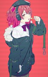 Rule 34 | 1girl, asawa (dm owr), beret, black hat, black pantyhose, bow, bowtie, candy, chromatic aberration, food, fur-trimmed jacket, fur trim, girls&#039; frontline, gradient hair, green nails, hair bobbles, hair ornament, hat, headphones, highres, holding, holding candy, holding food, holding lollipop, jacket, lollipop, long sleeves, mp7 (girls&#039; frontline), multicolored hair, nail polish, off shoulder, open mouth, pantyhose, pink hair, pouch, red background, scanlines, shirt, simple background, solo, striped bow, striped bowtie, striped clothes, striped neckwear, white shirt