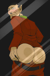 Rule 34 | 1boy, against fourth wall, against glass, against wall, ass, black hair, blush, chancellor (eagle talon), eagle talon, jacket, male focus, mooning, old, old man, pants, red jacket, red pants, solo, solo focus, sweat, testicles, tomato (id=7264305), undressing