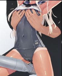 Rule 34 | 10s, 1boy, 1girl, armpits, arms up, blonde hair, grabbing another&#039;s breast, cameltoe, crop top, flat chest, flat chest grab, grabbing, head out of frame, hetero, kantai collection, long hair, natsuhiko, one-piece swimsuit, one-piece tan, pussy juice, ro-500 (kancolle), sailor collar, school swimsuit, sweat, swimsuit, swimsuit under clothes, tan, tanline, torpedo