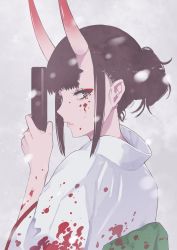 Rule 34 | 1girl, black hair, blood, blood on clothes, blood on face, commentary request, eyeshadow, fate/grand order, fate (series), highres, holding, holding weapon, horns, japanese clothes, katana, kimono, lam (ramdayo), looking at viewer, makeup, oni, parted lips, purple eyes, short eyebrows, short hair, shuten douji (fate), skin-covered horns, solo, sword, upper body, weapon, white kimono