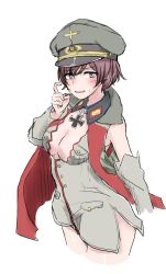 Rule 34 | 1girl, baskeyfield (milihime taisen), blue eyes, breasts, brown hair, brown hat, cape, cleavage, cleavage cutout, clothing cutout, commentary, cowboy shot, cropped arms, cropped legs, cross, detached sleeves, hat, highres, iron cross, looking at viewer, medium breasts, milihime taisen, military, military hat, military uniform, no pants, open mouth, peaked cap, red cape, shichisaburo, short hair, simple background, sketch, smile, solo, standing, sweatdrop, uniform, white background