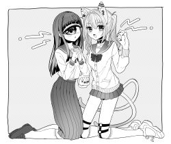 Rule 34 | 2girls, :o, absurdres, animal ears, azen (mntimcczgrtn), belt collar, blush, bow, bowtie, cat ears, cat tail, claw pose, collar, cyclops, ear piercing, earrings, fang, greyscale, highres, jewelry, kneeling, long hair, long sleeves, looking at viewer, miniskirt, monochrome, multiple girls, multiple tails, one-eyed, original, piercing, pleated skirt, sailor collar, school uniform, serafuku, shirt, shoes, skirt, smile, socks, tail, twintails, two tails