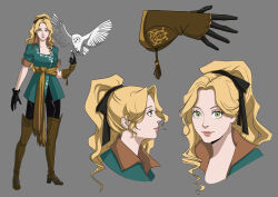Rule 34 | 1girl, absurdres, bird, blonde hair, boots, bow, breasts, castlevania (series), castlevania: symphony of the night, character sheet, esp-art, eyelashes, gloves, green eyes, hair bow, hair ribbon, hairband, highres, lipstick, long hair, looking at viewer, makeup, maria renard, medium breasts, owl, ribbon, smile, solo, thigh boots