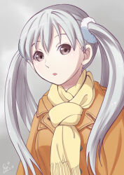 Rule 34 | 1girl, artist name, brown coat, brown eyes, close-up, coat, commentary, dated, grey background, grey hair, hair between eyes, huumoon, long hair, looking at viewer, monogatari (series), oikura sodachi, one-hour drawing challenge, owarimonogatari, parted lips, portrait, scarf, scrunchie, signature, solo, twintails, upper body, white scrunchie, winter clothes, yellow scarf