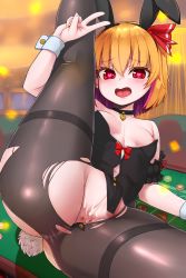 Rule 34 | 1girl, after vaginal, aftersex, animal ears, anus, bare shoulders, black choker, black leotard, black pantyhose, blonde hair, blurry, blurry background, bow, breasts, chiroshiron, choker, collarbone, colored inner hair, cum, cum in pussy, fake animal ears, fake tail, hair between eyes, hair ribbon, hand up, heart, heart-shaped pupils, highres, indoors, leotard, looking at viewer, multicolored hair, navel, open mouth, pantyhose, playboy bunny, poker table, pussy, reclining, red bow, red eyes, red ribbon, ribbon, rumia, short hair, small breasts, solo, symbol-shaped pupils, table, tail, tongue, touhou, v, wrist cuffs