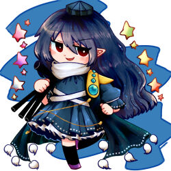 Rule 34 | 1girl, :d, armor, black socks, blue background, blue dress, blue hair, bright pupils, chibi, commentary request, dark blue hair, dot nose, dress, full body, hand on own hip, hand up, hat, holding tripod, iizunamaru megumu, long hair, looking at viewer, okizari, open mouth, pauldrons, petticoat, pointy ears, pom pom (clothes), puffy sleeves, red eyes, shoulder armor, simple background, single pauldron, sleeves past elbows, smile, socks, solo, standing, standing on one leg, star (symbol), tokin hat, touhou, turtleneck, v-shaped eyebrows, very long hair, white background, white pupils