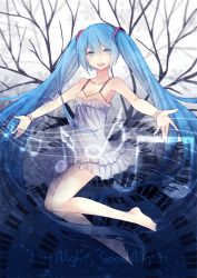 Rule 34 | 1girl, bad id, bad pixiv id, barefoot, blue eyes, blue hair, bracelet, copyright name, cuivre, dress, hatsune miku, jewelry, last night good night (vocaloid), long hair, matching hair/eyes, musical note, open mouth, outstretched arms, piano keys, solo, tree, twintails, very long hair, vocaloid