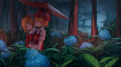 Rule 34 | 2girls, aki minoriko, aki shizuha, black choker, black ribbon, blonde hair, blouse, blue flower, choker, collared shirt, commentary request, dress, flower, food-themed hair ornament, forest, grape hair ornament, hair between eyes, hair ornament, hat, head tilt, highres, holding, holding umbrella, hydrangea, juliet sleeves, leaf hair ornament, long sleeves, looking at viewer, mob cap, multiple girls, nature, oil-paper umbrella, outdoors, parted lips, plant, puffy sleeves, rain, red dress, red eyes, red hat, ribbon, ribbon choker, roke (taikodon), shirt, short hair, siblings, sisters, strapless, strapless dress, touhou, tree, umbrella, white shirt, wide sleeves, wing collar