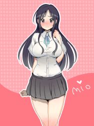 Rule 34 | 1girl, akiyama mio, bad id, bad pixiv id, black hair, blush, breasts, highres, k-on!, large breasts, legs, miniskirt, pepo (absolute1123), pepo (pepopepo), pleated skirt, shirt, skirt, solo, taut clothes, taut shirt, thighs, uniform