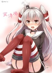 Rule 34 | &gt;:o, 10s, 1girl, :o, amatsukaze (kancolle), arm support, blush, brown eyes, character name, choker, convenient leg, dress, flying sweatdrops, garter straps, gloves, hair tubes, kantai collection, knees together feet apart, knees up, long hair, long sleeves, looking at viewer, noe noel, nose blush, one-hour drawing challenge, open mouth, red thighhighs, sailor collar, sailor dress, short dress, silver hair, single glove, sitting, solo, striped clothes, striped thighhighs, thighhighs, tsurime, two side up, v-shaped eyebrows, white gloves