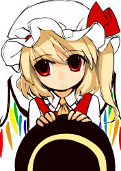 Rule 34 | 1girl, ascot, bad id, bad pixiv id, blonde hair, blouse, chagen kokimu, collared shirt, embodiment of scarlet devil, female focus, flandre scarlet, hat, looking away, mob cap, red eyes, shirt, short hair, side ponytail, solo, touhou, white background, white hat, white shirt, wings