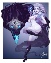 Rule 34 | 1girl, animal ears, artist name, ass, black footwear, boots, breasts, colored skin, colored tongue, fur trim, gradient background, green tongue, grey hair, high heel boots, high heels, highres, holding, holding mask, kindred (league of legends), lamb (league of legends), league of legends, long hair, mask, medium breasts, multicolored skin, navel, nipples, purple eyes, sheep ears, sheep tail, smile, tail, teeth, tongue, tongue out, two-tone skin, unworn mask, white skin, wolf (league of legends), xinaelle