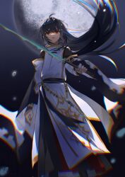 Rule 34 | 1other, ahoge, androgynous, black hair, chromatic aberration, detached sleeves, earrings, fate/grand order, fate/samurai remnant, fate (series), full moon, hair down, hair intakes, highres, holding, holding sword, holding weapon, jade (gemstone), jewelry, jiang (bolidididi), long hair, moon, necklace, pants, red eyes, solo, standing, sword, two-tone pants, very long hair, weapon, yamato takeru (fate), yamato takeru (third ascension) (fate)