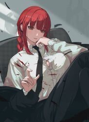 Rule 34 | 1girl, black coat, black feathers, black necktie, black pants, blood, blood on clothes, braid, braided ponytail, breasts, buttoned cuffs, buttons, chainsaw man, coat, coat partially removed, collared shirt, commentary request, crossed legs, dress shirt, feathers, head rest, highres, large breasts, long hair, long sleeves, looking at viewer, makima (chainsaw man), necktie, office lady, orange eyes, pants, partially unbuttoned, red hair, ringed eyes, shadow, shirt, sidelocks, sitting, solo, vafar7, white shirt