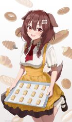 Rule 34 | 1girl, :3, absurdres, alternate costume, animal ears, apron, bagel, baking, baking sheet, bare arms, black footwear, blush, bone hair ornament, braid, bread, breasts, brown eyes, brown hair, brown skirt, collared shirt, commentary, cookie, croissant, dog ears, dog girl, dog tail, doughnut, food, food-themed background, food request, hair ornament, hair over shoulder, hairclip, highres, holding, holding tray, hololive, hot dog, inugami korone, knees out of frame, looking at viewer, low twin braids, mary janes, medium breasts, medium hair, nail polish, neckerchief, omochiarts, open mouth, red neckerchief, shirt, shoes, short sleeves, side braids, sidelocks, simple background, skirt, smile, socks, solo, tail, tray, twin braids, virtual youtuber, white background, white shirt, white socks, yakisoba, yellow apron, yellow nails, yubi yubi (inugami korone)