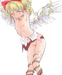 Rule 34 | 1girl, armpits, arms up, blonde hair, blush, bow, breasts, cleft of venus, commentary request, feathered wings, gengetsu (touhou), hair bow, nipples, plant, pussy, red bow, restrained, ribs, s-a-murai, short hair, small breasts, solo, torn, touhou, touhou (pc-98), vines, white background, white wings, wings, yellow eyes