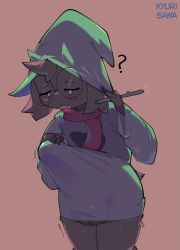 Rule 34 | 1boy, ?, absurdres, animal ears, artist name, blush, bulge, deltarune, dress, erection, erection under clothes, fang, furry, furry male, glasses, goat boy, goat ears, green dress, green hat, half-closed eyes, hand on headwear, hat, highres, honey calamari, horns, horns through headwear, large penis, legs together, long sleeves, male focus, open mouth, penis, pink scarf, ralsei, round eyewear, scarf, skin fang, solo, standing, testicles, white eyes, witch hat
