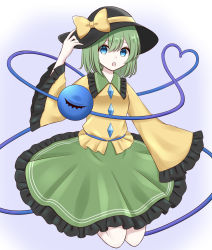 Rule 34 | 1girl, :o, absurdres, black hat, blouse, blue eyes, bow, buttons, diamond button, eyeball, frilled shirt collar, frilled skirt, frilled sleeves, frills, full body, green hair, green skirt, hair between eyes, hand on headwear, hand up, hat, hat bow, hat ribbon, heart, heart of string, highres, kneeling, komeiji koishi, long sleeves, looking to the side, medium hair, open mouth, piyoru nico, ribbon, shirt, skirt, solo, third eye, touhou, wide sleeves, yellow bow, yellow ribbon, yellow shirt