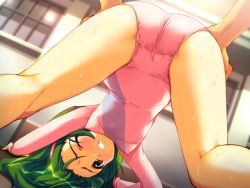 Rule 34 | 1girl, all fours, ass, ass grab, bent over, blush, breasts, brown eyes, cameltoe, clenched teeth, dutch angle, emily (pure dream), covered erect nipples, from behind, from below, game cg, green hair, gymnastics, hairband, kinoshita miya, leotard, leotard fairy, long hair, pov, rolling star, small breasts, solo focus, sweat, teeth, top-down bottom-up, wince, wink