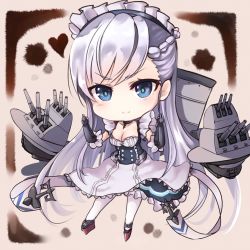 Rule 34 | 1girl, anchor, apron, azur lane, belfast (azur lane), black gloves, blue dress, blue eyes, braid, breasts, cannon, chibi, cleavage, collarbone, commentary request, dress, dyson (edaokunnsaikouya), elbow gloves, full body, gloves, highres, large breasts, long hair, maid headdress, pantyhose, platform footwear, red footwear, silver hair, solo, standing, turret, very long hair, waist apron, white apron, white pantyhose