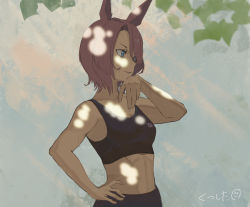 Rule 34 | 1girl, animal ears, bare arms, black sports bra, blue eyes, character request, commentary, dappled sunlight, hand on own hip, hand up, highres, horse ears, leaf, midriff, nicporim, outdoors, parted lips, purple hair, short hair, smiley face, solo, sports bra, sunlight, sweat, toned, umamusume, upper body, v-shaped eyebrows
