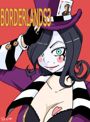 Rule 34 | 1girl, black gloves, borderlands (series), borderlands 2, borderlands 3, breast tattoo, breasts, brown hair, card, choker, cleavage, female focus, fingerless gloves, gloves, hair over one eye, hat, large breasts, lipstick, looking at viewer, mad moxxi, makeup, mole, short hair, smile, solo, tattoo, top hat