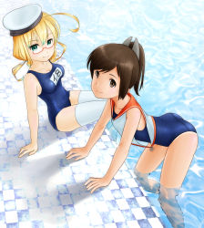 Rule 34 | 10s, 2girls, 342 (artist), blonde hair, brown eyes, brown hair, green eyes, hat, i-401 (kancolle), i-8 (kancolle), kantai collection, long hair, multiple girls, one-piece swimsuit, ponytail, sailor collar, school swimsuit, short hair, swimsuit, thighhighs, twintails
