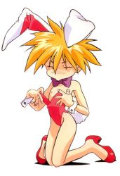 Rule 34 | 1990s (style), 1girl, animal ears, blonde hair, blush, bow, bowtie, constricted pupils, fake animal ears, fake tail, flat chest, full body, high heels, keio flying squadron, keiou yuugekitai, kneeling, leotard, nanahikari rami, nipple slip, nipples, non-web source, nose blush, official art, playboy bunny, rabbit ears, rabbit tail, red footwear, red leotard, retro artstyle, short hair, simple background, solo, strapless, strapless leotard, sweat, tail, undersized breast cup, white background, wrist cuffs