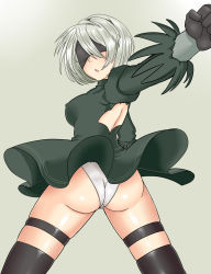 Rule 34 | 1girl, android, ass, black dress, blindfold, dress, from behind, highres, kaiduka akuta, looking back, nier (series), nier:automata, panties, parted lips, shiny skin, short hair, silver hair, solo, sword, underwear, weapon, 2b (nier:automata)