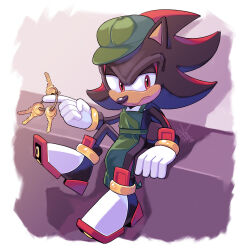 Rule 34 | angiethecat, apron, black fur, cabbie hat, frown, furry, furry male, gloves, green apron, green hat, hat, hedgehog ears, highres, holding, holding key, key, keyring, looking to the side, multicolored fur, red eyes, red fur, shadow the hedgehog, sitting, sonic (series), the murder of sonic the hedgehog, white gloves