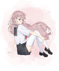 Rule 34 | 1girl, absurdres, arm support, bad id, bad pixiv id, black footwear, blush, braid, character request, closed mouth, commentary, copyright request, facing away, from side, full body, glasses, grey sailor collar, grey skirt, hair ribbon, hand on own leg, highres, kneehighs, knees up, loafers, long hair, looking at viewer, midriff peek, ogamat, over-kneehighs, pink eyes, pink hair, pink theme, pleated skirt, profile, ribbon, sailor collar, school uniform, serafuku, shirt, shoes, short sleeves, side slit, signature, simple background, sitting, skirt, socks, solo, swept bangs, symbol-only commentary, thighhighs, very long hair, wavy hair, white shirt, white socks, wide sleeves, zettai ryouiki