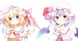 Rule 34 | 2girls, arm garter, ascot, bad id, bad twitter id, bat wings, blonde hair, bloom, blush, bow, brooch, crystal, flandre scarlet, frilled shirt collar, frills, hat, hat bow, hat ribbon, highres, hyurasan, jewelry, light purple hair, looking at viewer, mob cap, multiple girls, parted lips, puffy short sleeves, puffy sleeves, red bow, red eyes, red ribbon, remilia scarlet, ribbon, short sleeves, siblings, side ponytail, sisters, smile, spoon, touhou, upper body, wings, wrist cuffs